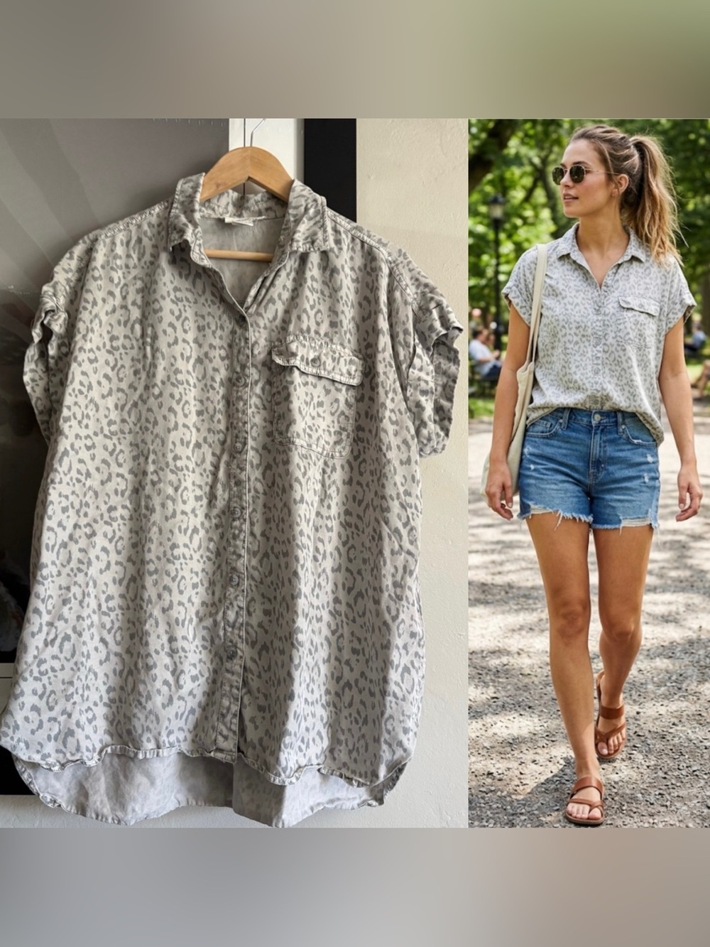 Short Sleeve Button-Up oversized Shirt in Light Gray Leopard Print